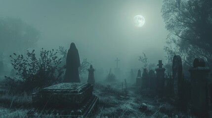 Mysterious Graveyard with Fog  Moon  and Ghostly Figures