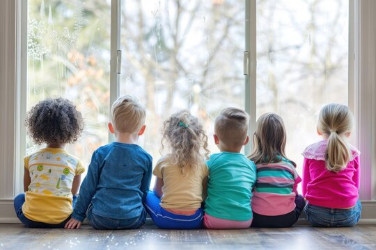 Group of boys and girls They sat in a row and looked out the window.