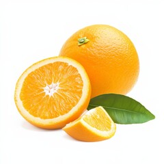 A close-up of a ripe, juicy orange, both whole and sliced, with a bright green leaf, on a clean, white background