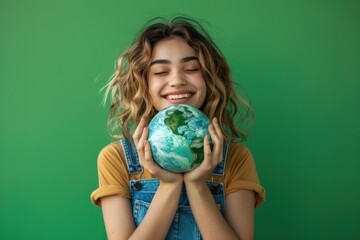 photograph of Joyful young woman holding Earth globe on green background for Earth Day