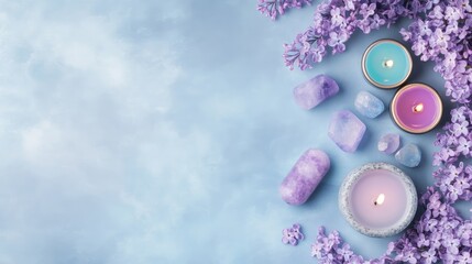 This tranquil setup features healing crystals and lilac candles on a marble table, complemented by lilac flowers, creating a perfect ambiance for meditation and spiritual rituals