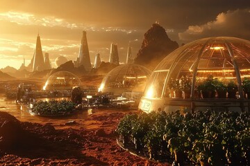 Futuristic alien city landscape with domed architecture, glowing lights, and hovering vehicles in orange sky