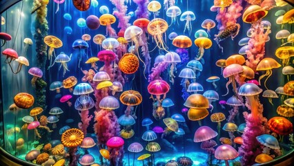 Naklejka premium A photo of a large tank filled with colorful jellyfish at the aquarium, jellyfish, marine life, underwater, aquarium