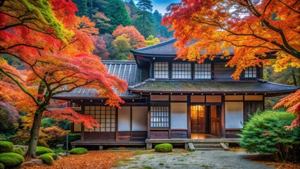 Traditional Japanese house surrounded by colorful maple leaves in autumn , Japan, traditional, house, maple leaves, autumn
