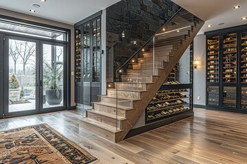 A large, open staircase leads to a room filled with wine cellars