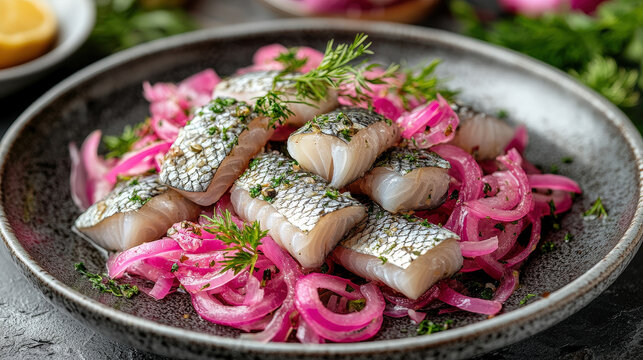 Marinated herring fillets with pickled onions and herbs, traditional Scandinavian dish, [Fish meat], [cultural dish].