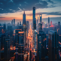 Obraz premium Dusk Over Urban Skyline - A Vivid Blend of Architectural Marvels and City Lights Embraced in Twilight's Embrace