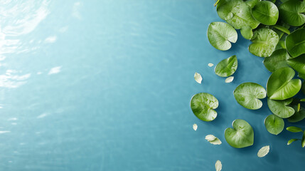 Calm water scene with lily pads and floating leaves