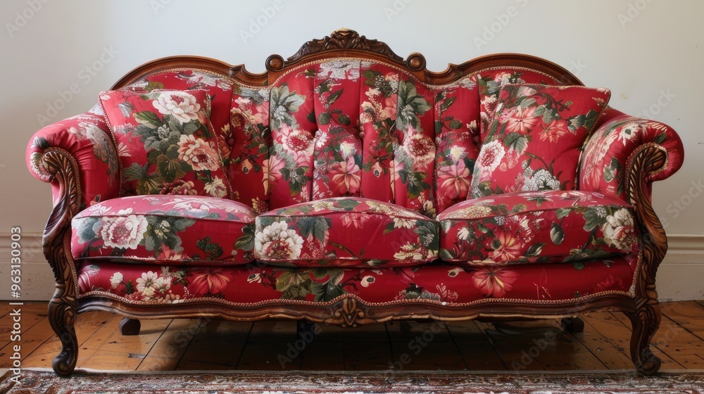 Sticker Vintage red sofa adorned with floral designs