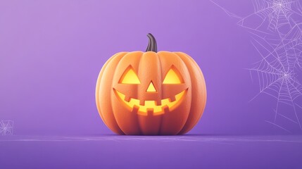 A Halloween-themed pumpkin icon with a carved evil grin, glowing with a warm light, set against a purple gradient background with cobwebs