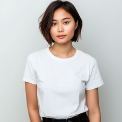 Young Woman Wearing Blank White T-Shirt Bella Canvas 3001 Mockup Photo Clothing Mock