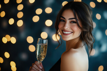 Beautiful young woman is holding a glass of champagne and smiling at the new year's party 2025