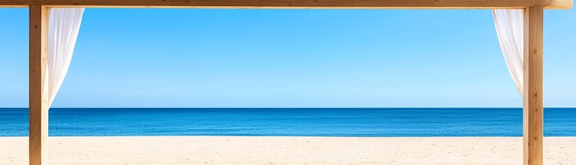 Fototapeta premium Beachfront Wooden Pergola, ocean view, soft white drapes, sandy surroundings, tropical vibes, relaxed and airy atmosphere