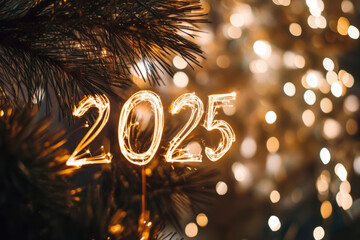 Celebrating the arrival of 2025 with a sparkling light painting in front of a christmas tree with bokeh lights
