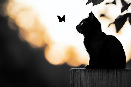 A captivating silhouette of a black cat gazes at a delicate butterfly against a blurred sunset backdrop, symbolizing beauty and serenity in natures enchanting moments
