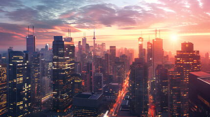 Obraz premium Dusk Over Urban Skyline - A Vivid Blend of Architectural Marvels and City Lights Embraced in Twilight's Embrace