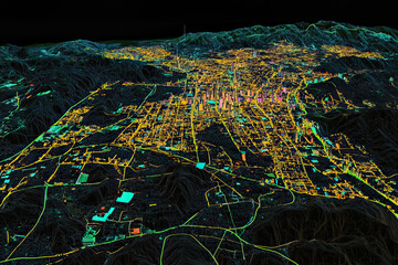 Obraz premium Technical aerial visual, 3D LiDAR GIS aerial map satellite scan model isolated, showing Medelln, Colombia . Elevation, topography, render