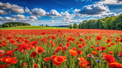 Fototapeta premium Vibrant poppy field in the evening light in Bavaria, Germany, with red poppies blooming, poppy field, evening light