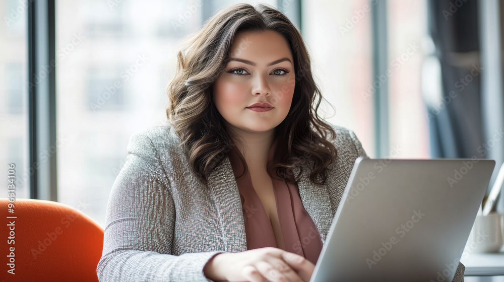 Wall mural plus size beautiful woman in a corporate outfit, confidently working on a laptop in a modern office