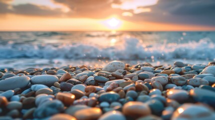 Obraz premium Pebbles on a stormy sea shore at sunset A Closeup View. Concept Stormy Seas, Sunset Views, Closeup Photography, Pebbles on Shore, Natural Beauty 