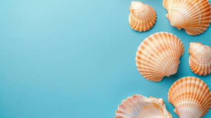 Summer Beach Vibes Scallop Shells on Blue Background with Copy Space. Concept Beach Photography, Summer Vibes, Scallops, Blue Background, Copy Space 