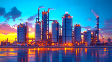 Naklejka premium Industrial plant releasing smoke from its chimneys at sunset, reflected in the water