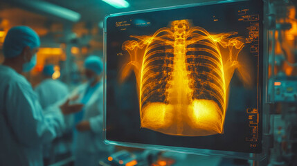 Surgeons review a chest x-ray on a digital screen during a medical procedure