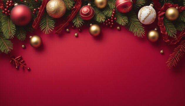 Fond rouge vert uni template mockup No&euml;l r&eacute;veillon nouvel an gui houx boules d&eacute;corations sapin cadeaux.