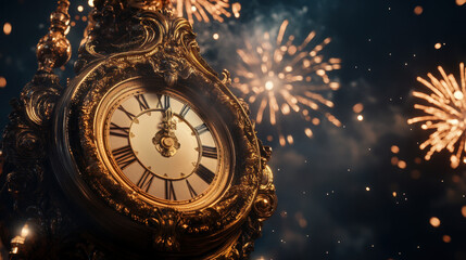 Antique clock is striking midnight on new year's eve as fireworks explode in the background