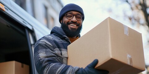 Jovial Delivery Worker Unloading Packages