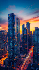 Obraz premium Dusk Over Urban Skyline - A Vivid Blend of Architectural Marvels and City Lights Embraced in Twilight's Embrace