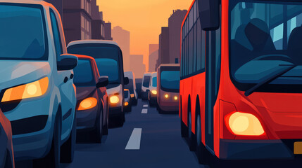 Urban skyline with bustling traffic, cars and buses moving swiftly along the road, under a vibrant sunset sky