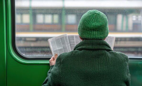A person reading a newspaper on a train during a rainy day, surrounded by green decor and a cozy atmosphere.
