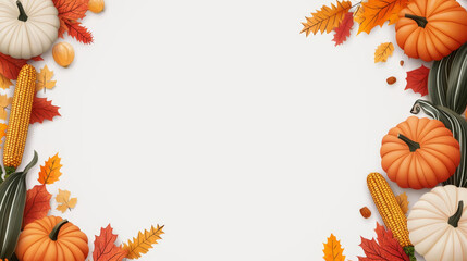 Seasonal harvest with pumpkins, corn, and autumn leaves, flat design illustration