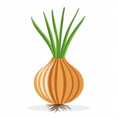 Minimal Flat Design Onion with Brown Skin and Green Shoots on White Background