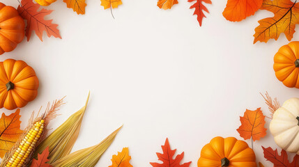 Harvest display, corn and pumpkins with autumn foliage, flat design illustration