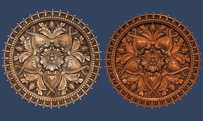 Wooden ornament in a circle made of rough wood and varnished, historical, architectural carving, carving for furniture, medieval wooden pattern, 3d render