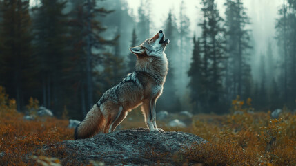 Coyote howling in a raw forest landscape, call of the wild, untamed wilderness 