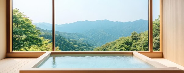Serene Japanese onsen with mountain view