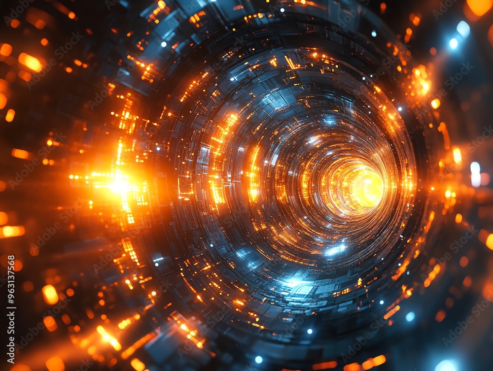 Poster abstract glowing tunnel with lights.
