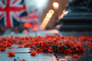 Red poppy flowers laid on a wet stone surface with a blurred union jack flag and city lights in the background