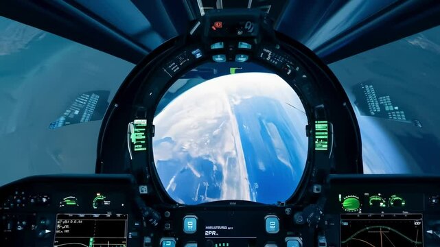 The camera zooms in on the cockpit of a rocket, capturing the astronaut's helmet reflecting the vastness of space as the craft speeds through the atmosphere in a high-speed, immersive shot.
