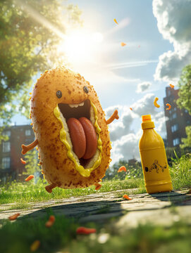 A hot dog character playing fetch with a mustard bottle dog, in a green park with a bright sun and fluffy clouds 