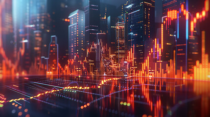 Fototapeta premium A digital cityscape illuminated with glowing lights and financial charts. The vibrant red and orange hues create a dynamic and energetic atmosphere.