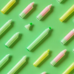 Colorful Highlighters on Pastel Green Background - Overhead View Stock Photo