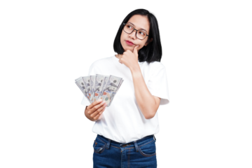 An asian woman holding money while thinking isolated transparent