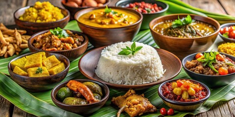 Traditional Sri Lankan rice and curry meal with vibrant and flavorful curries, sambols, and pickles , Sri Lankan, cuisine, rice