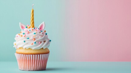 Cupcake with unicornthemed decorations, bright colors, and a sparkling candle, unicorn cupcake, whimsical birthday dessert