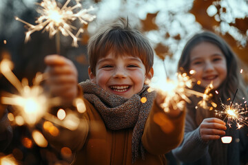 Two young children laughing and holding sparklers during a celebration outdoors in autumn