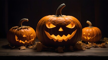 Scary Halloween pumpkin glowing ominously on rustic wooden planks with eerie shadows, perfect for a spooky background with ample copy space